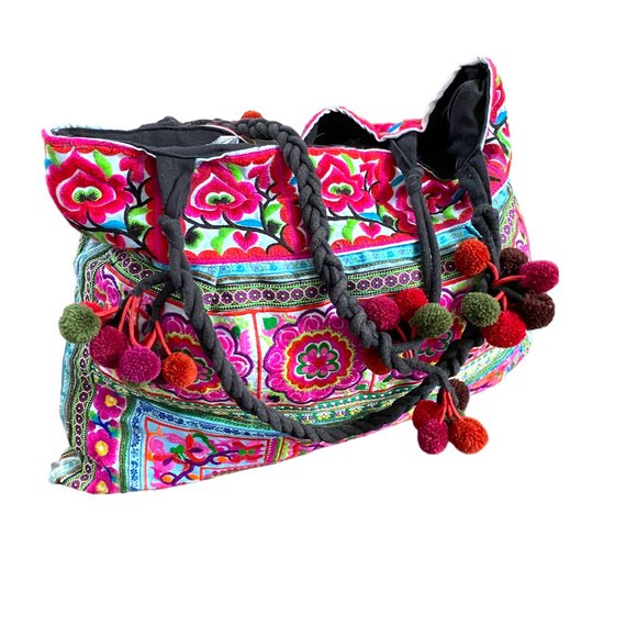 Boho Embroidery Multi-Color Flowers Weekender Hobo Tote Pom-Poms Inside Zip #02 - Picture 4 of 15